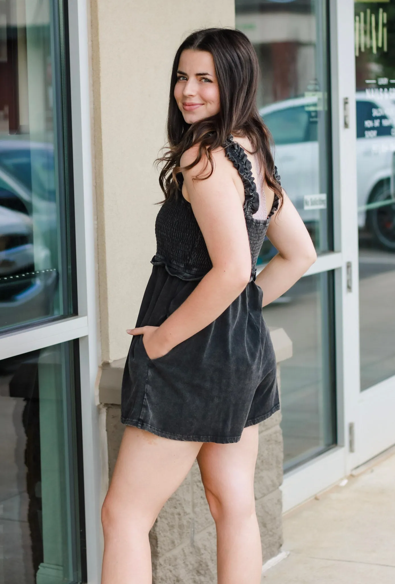 Back in Black Mineral Wash Romper