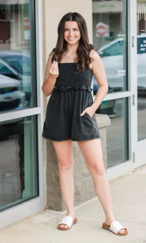 Back in Black Mineral Wash Romper