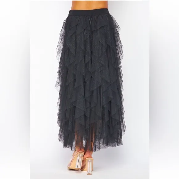 Carrie Black Textured Tulle Mesh Midi Skirt
