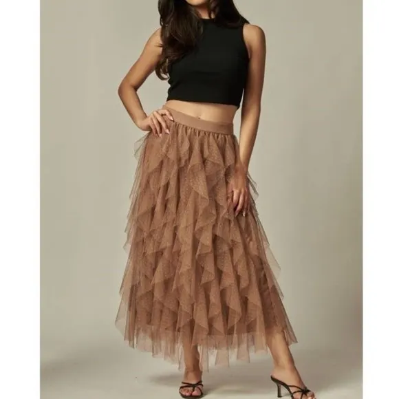 Carrie Black Textured Tulle Mesh Midi Skirt