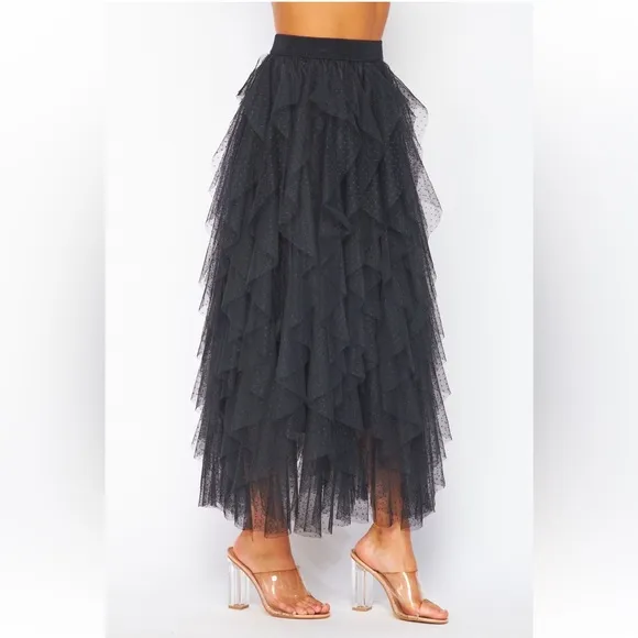 Carrie Black Textured Tulle Mesh Midi Skirt