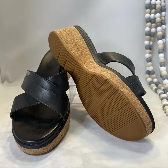 Cole Haan Grand OS Criss-Cross Black Leather Wedge Slide Sandals size 10.5