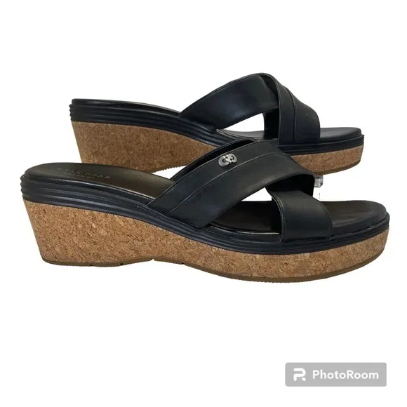 Cole Haan Grand OS Criss-Cross Black Leather Wedge Slide Sandals size 10.5
