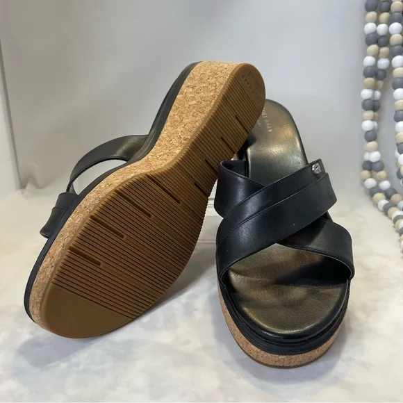Cole Haan Grand OS Criss-Cross Black Leather Wedge Slide Sandals size 10.5