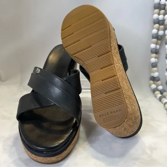 Cole Haan Grand OS Criss-Cross Black Leather Wedge Slide Sandals size 10.5