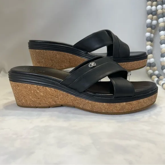Cole Haan Grand OS Criss-Cross Black Leather Wedge Slide Sandals size 10.5
