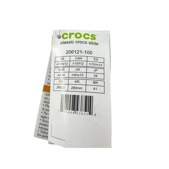 Crocs Classic Slide Sandals, Size Women's 12, Men's 10, White