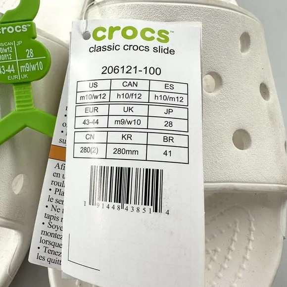 Crocs Classic Slide Sandals, Size Women's 12, Men's 10, White