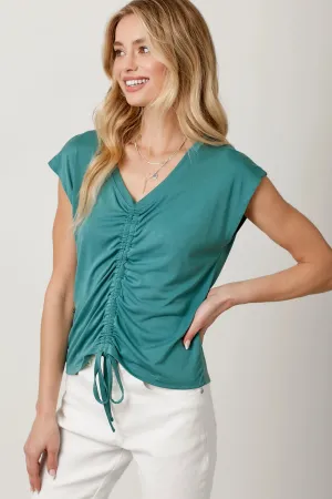 Drawstring Center Ruched Knit Top Teal