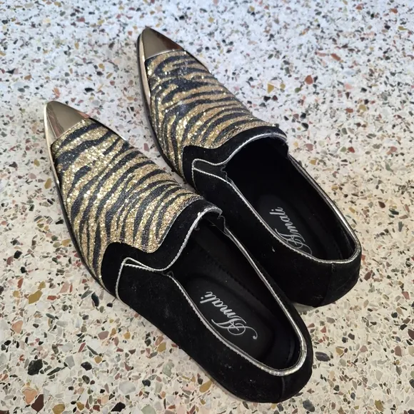 Gold and Black Velvet  Zebra Print Loafers Mens 9.5