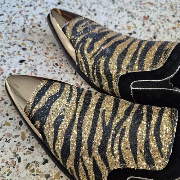 Gold and Black Velvet  Zebra Print Loafers Mens 9.5