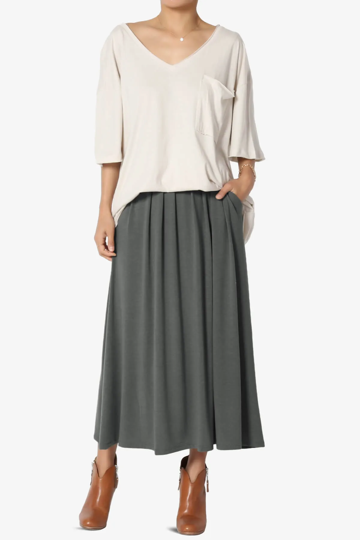 Gyrate Pleated Pocket Flared Midi Skirt