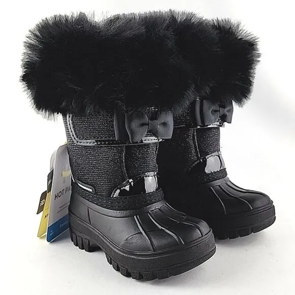 HOT PAWS Youth Girls Black  Faux Fur Sparkles Winter Waterproof Boots -30°C Sz 6