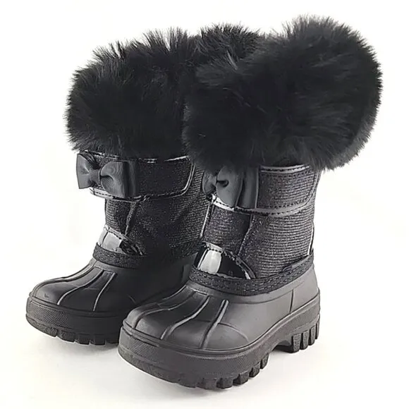 HOT PAWS Youth Girls Black  Faux Fur Sparkles Winter Waterproof Boots -30°C Sz 6