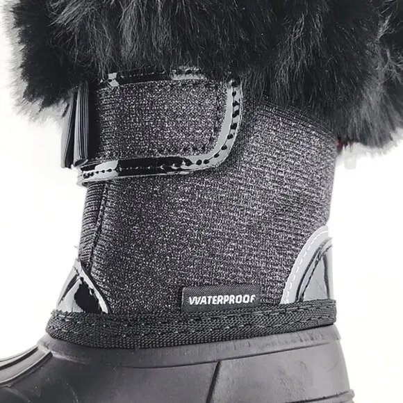 HOT PAWS Youth Girls Black  Faux Fur Sparkles Winter Waterproof Boots -30°C Sz 6