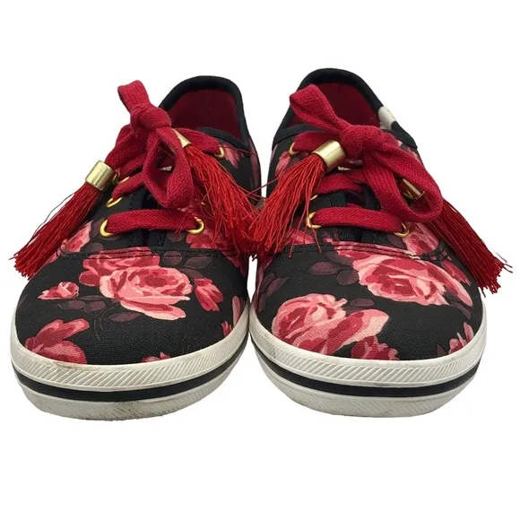 Kate Spade x Keds Sneakers Black Red Floral Rose Canvas Lace Up Tassel Women 6