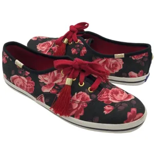 Kate Spade x Keds Sneakers Black Red Floral Rose Canvas Lace Up Tassel Women 6
