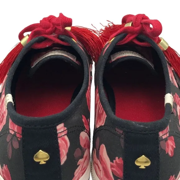 Kate Spade x Keds Sneakers Black Red Floral Rose Canvas Lace Up Tassel Women 6