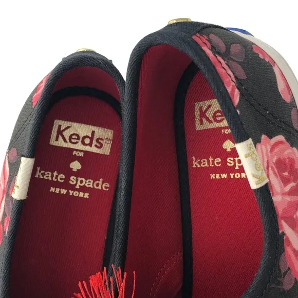 Kate Spade x Keds Sneakers Black Red Floral Rose Canvas Lace Up Tassel Women 6