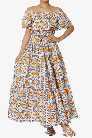 Kenny Ruffle Off Shoulder Floral Woven Long Dress in Multi