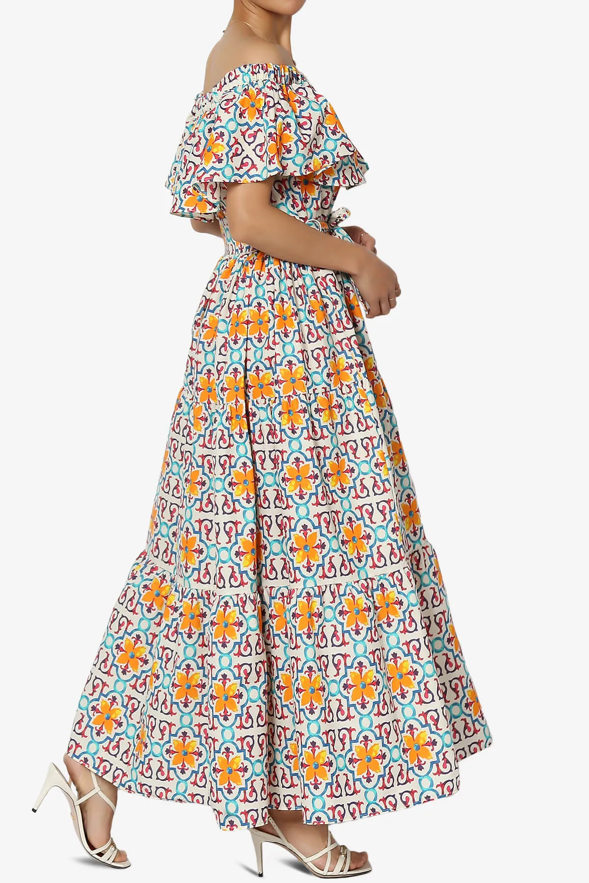 Kenny Ruffle Off Shoulder Floral Woven Long Dress in Multi