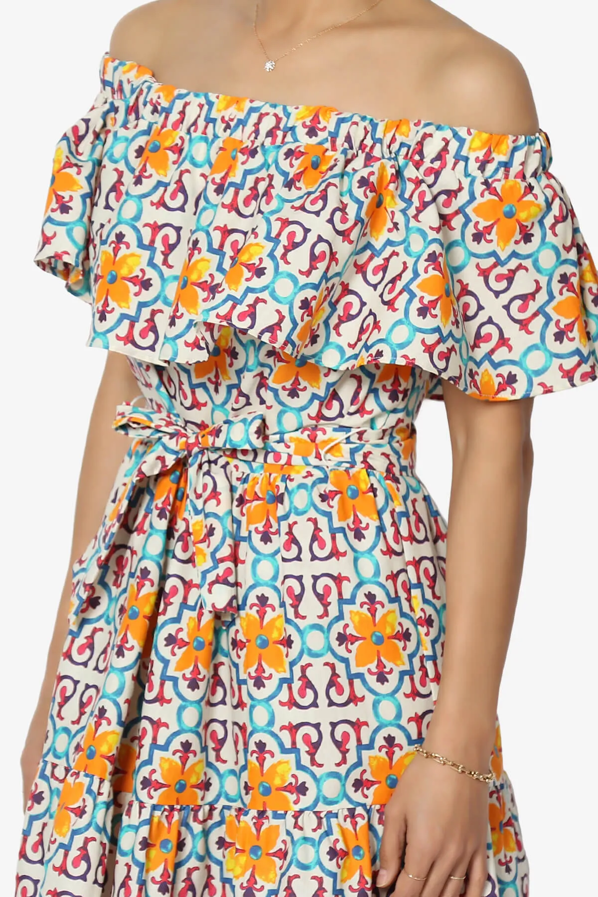 Kenny Ruffle Off Shoulder Floral Woven Long Dress in Multi