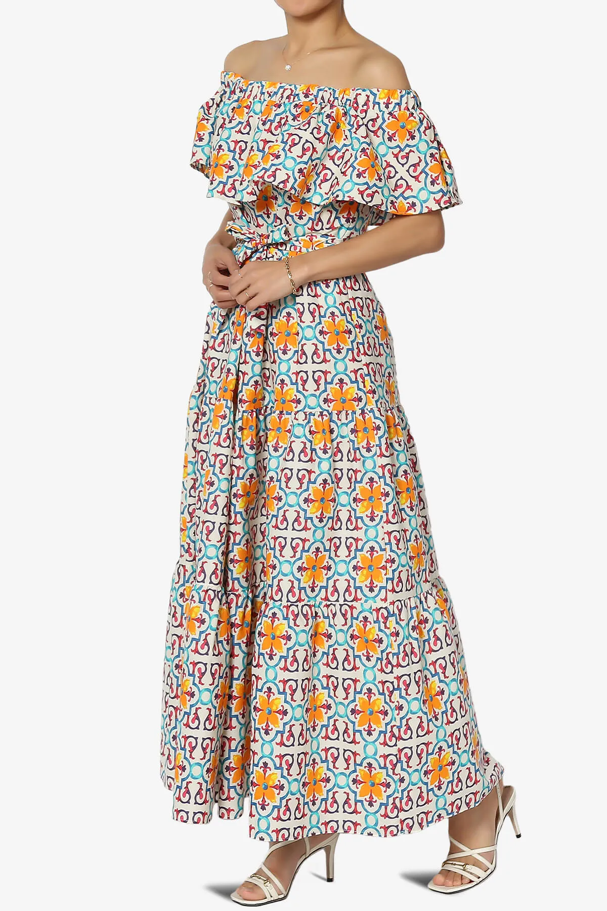 Kenny Ruffle Off Shoulder Floral Woven Long Dress in Multi