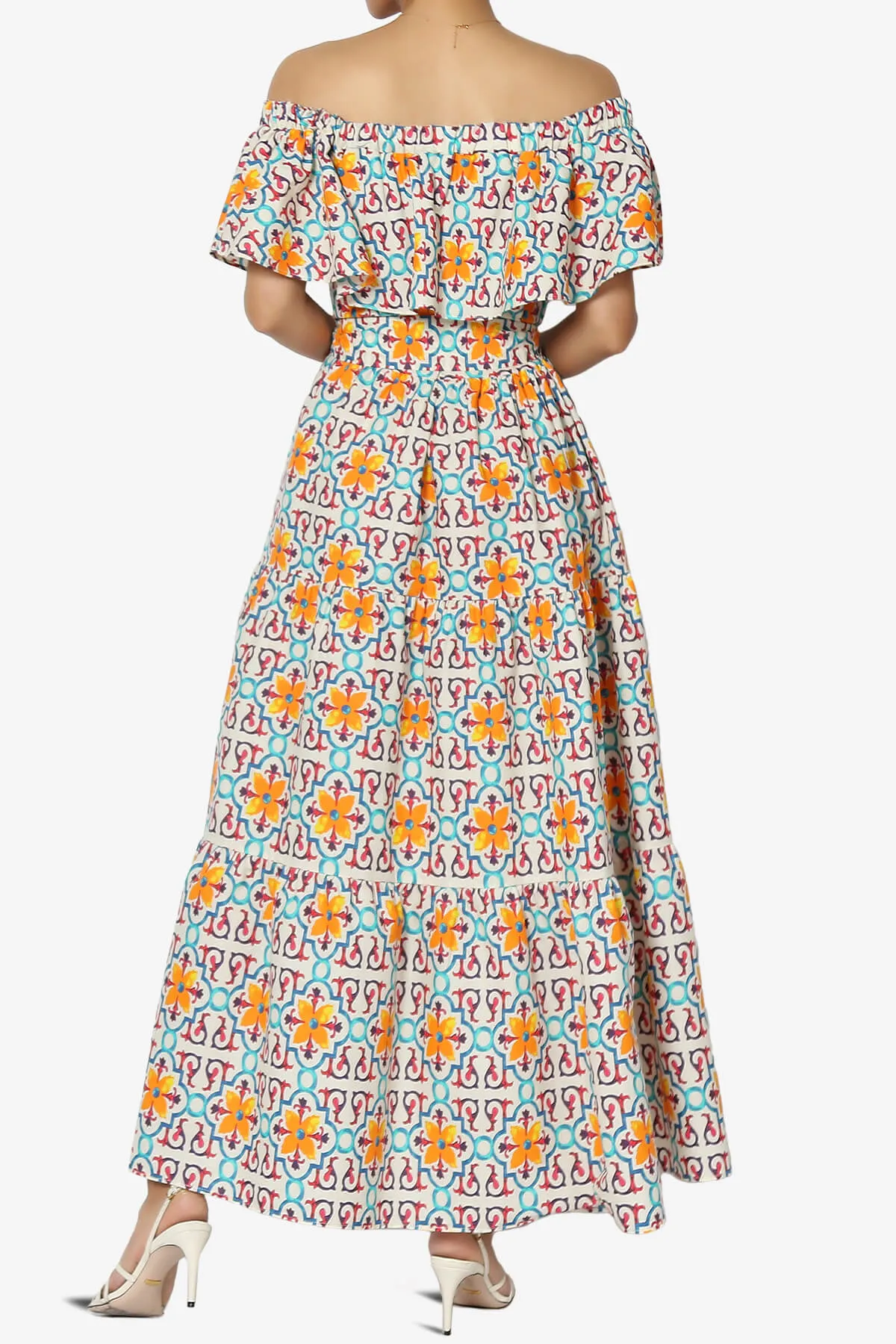 Kenny Ruffle Off Shoulder Floral Woven Long Dress in Multi