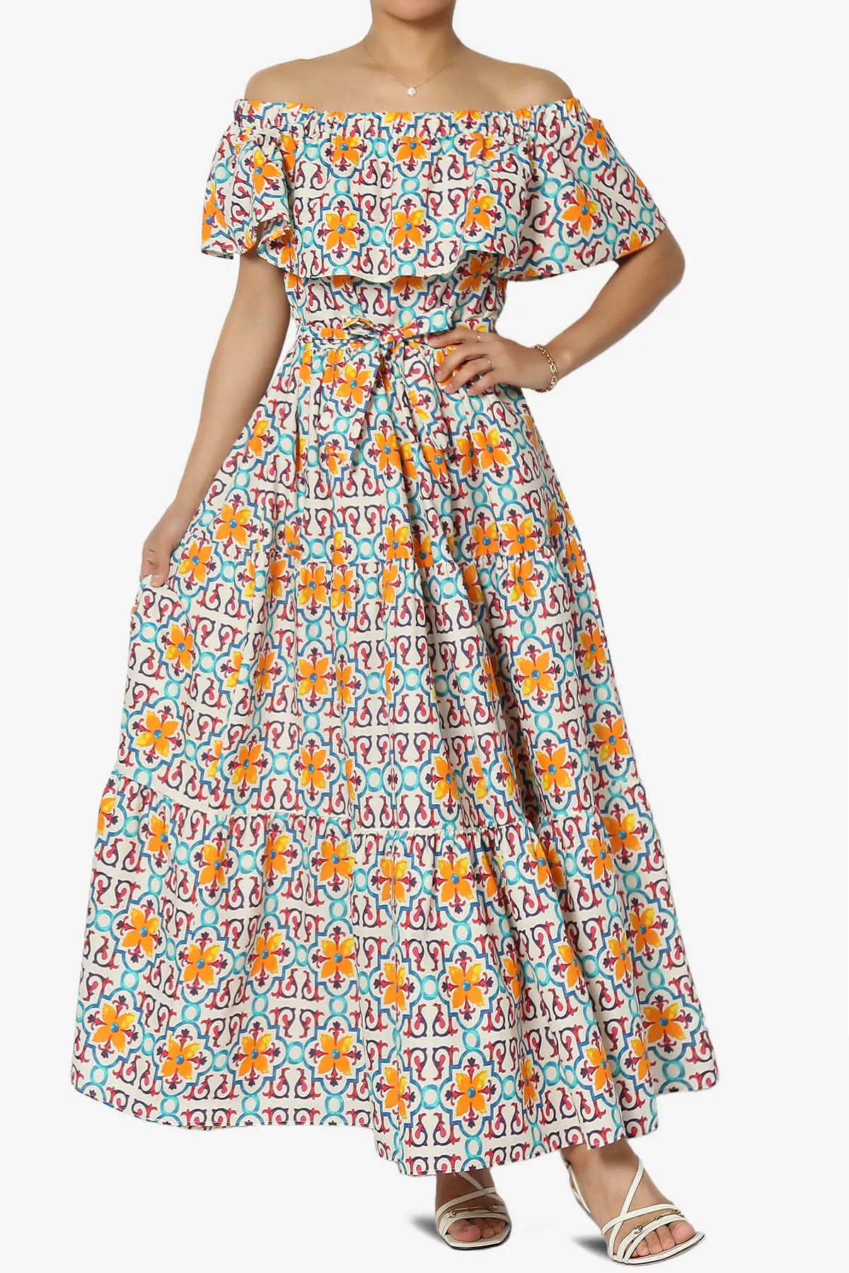 Kenny Ruffle Off Shoulder Floral Woven Long Dress in Multi
