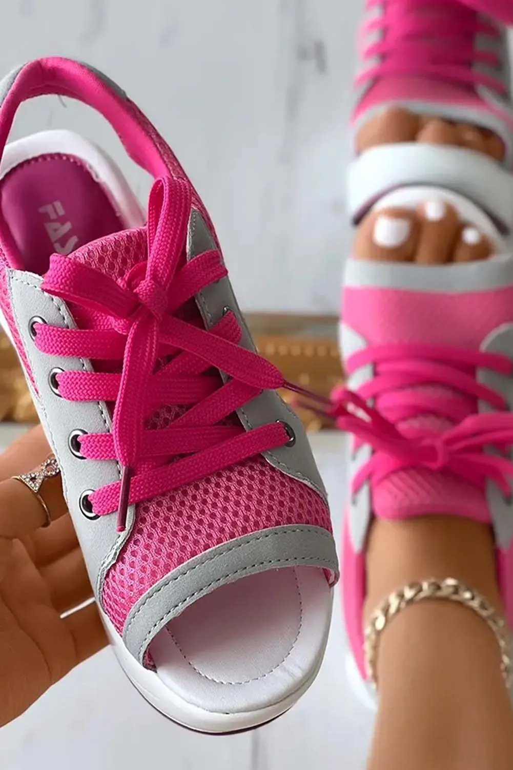 Mesh Lace-Up Peep Toe Wedged Sandals