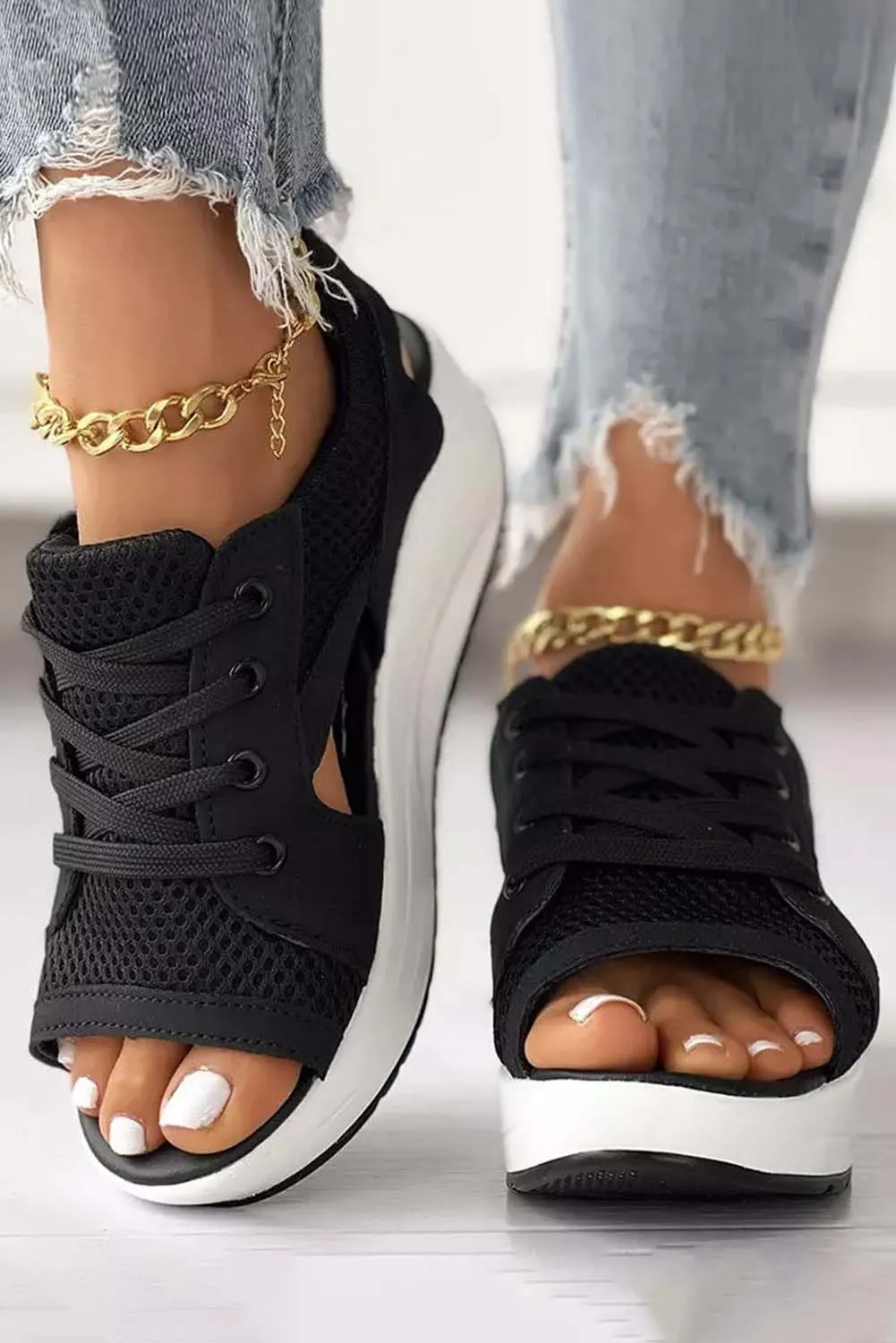 Mesh Lace-Up Peep Toe Wedged Sandals