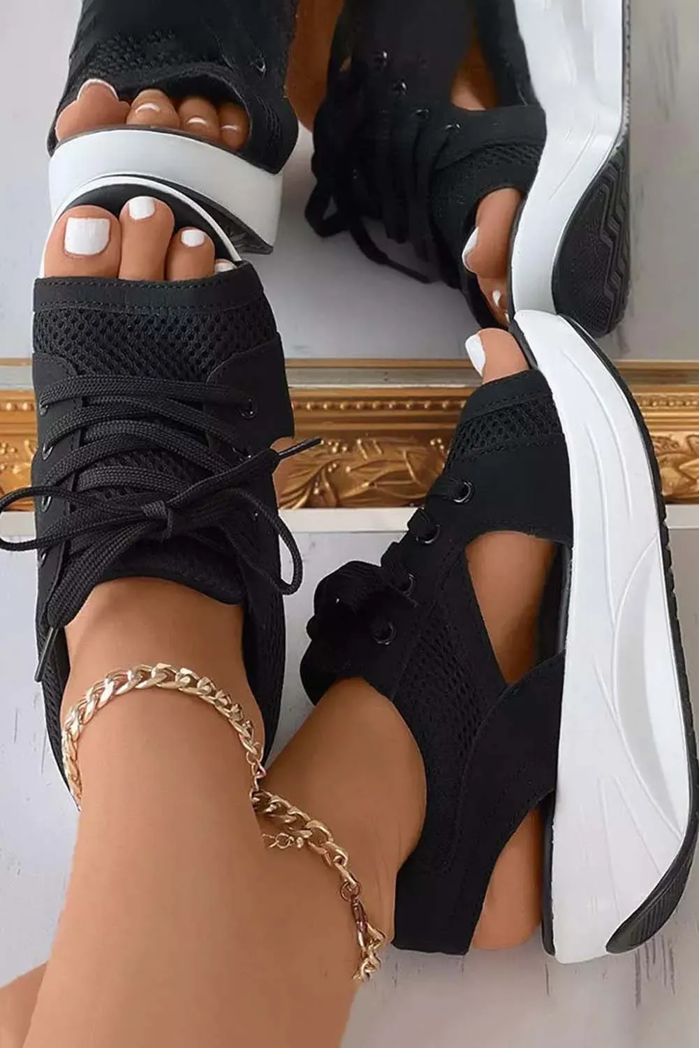 Mesh Lace-Up Peep Toe Wedged Sandals