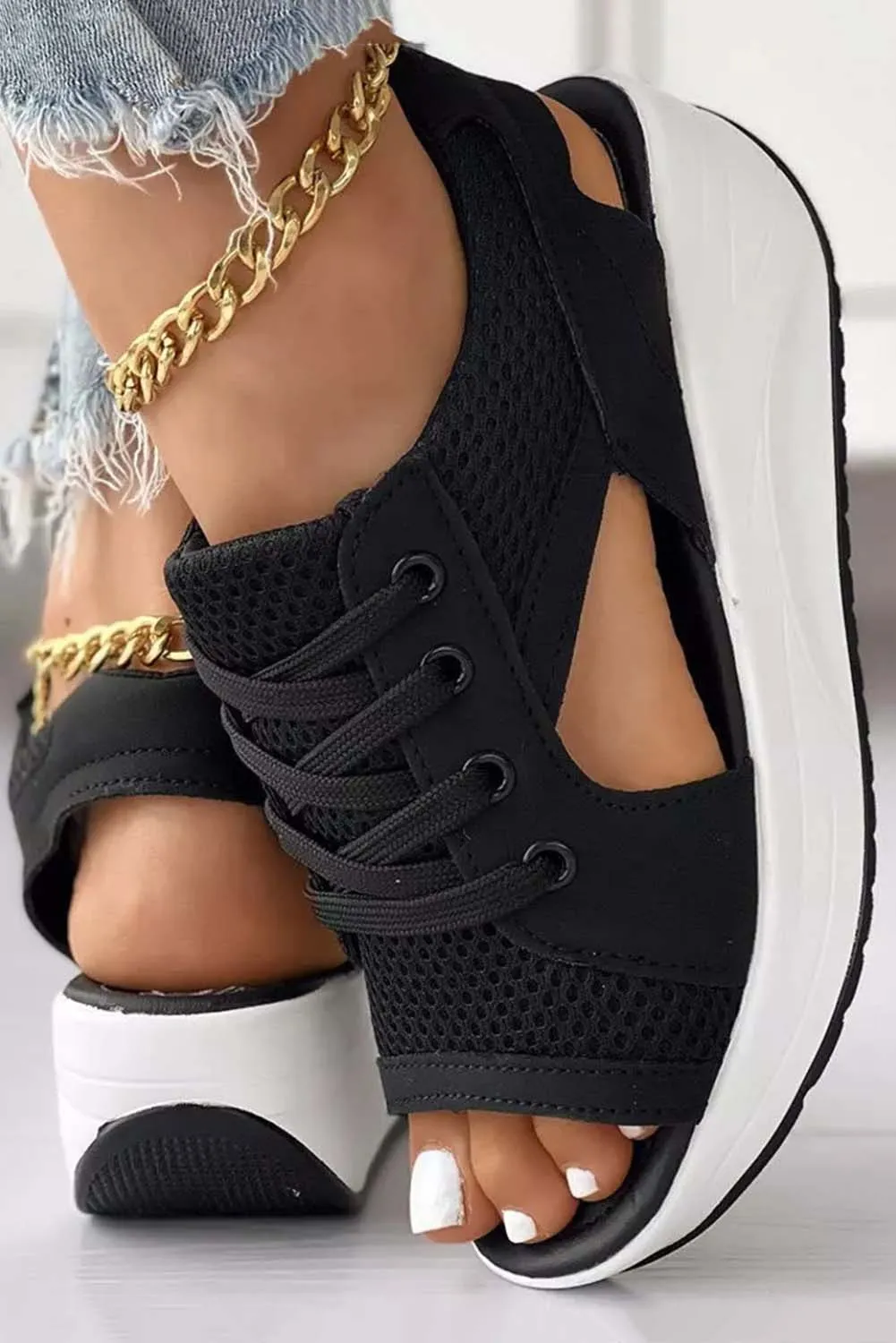 Mesh Lace-Up Peep Toe Wedged Sandals