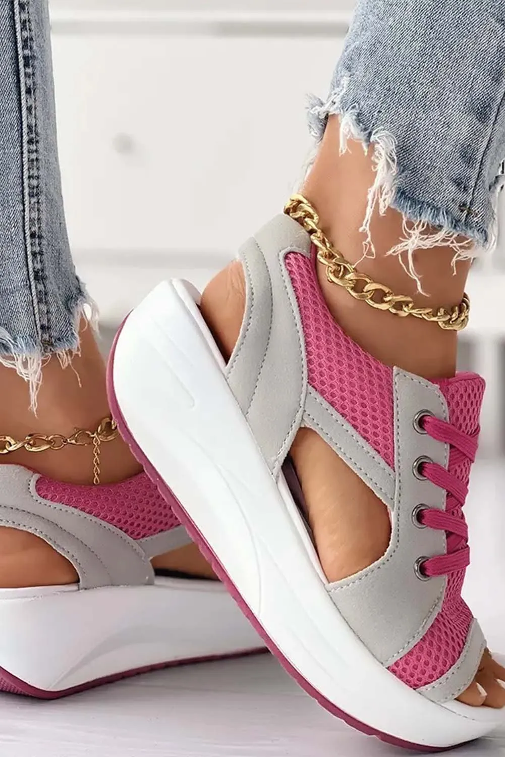 Mesh Lace-Up Peep Toe Wedged Sandals
