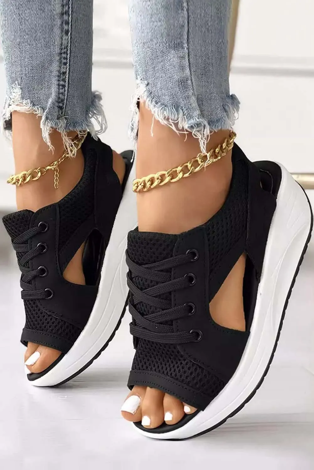 Mesh Lace-Up Peep Toe Wedged Sandals