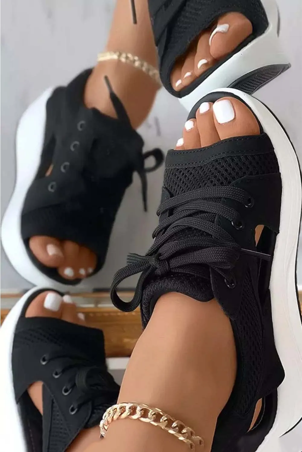 Mesh Lace-Up Peep Toe Wedged Sandals