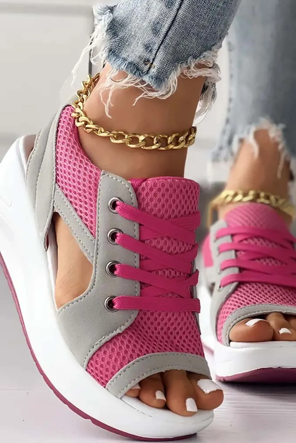Mesh Lace-Up Peep Toe Wedged Sandals