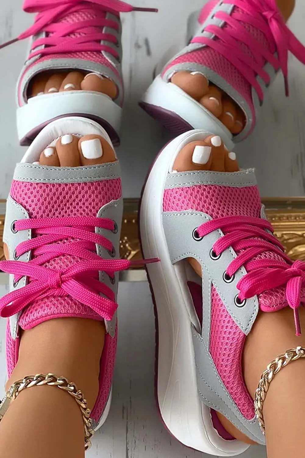 Mesh Lace-Up Peep Toe Wedged Sandals