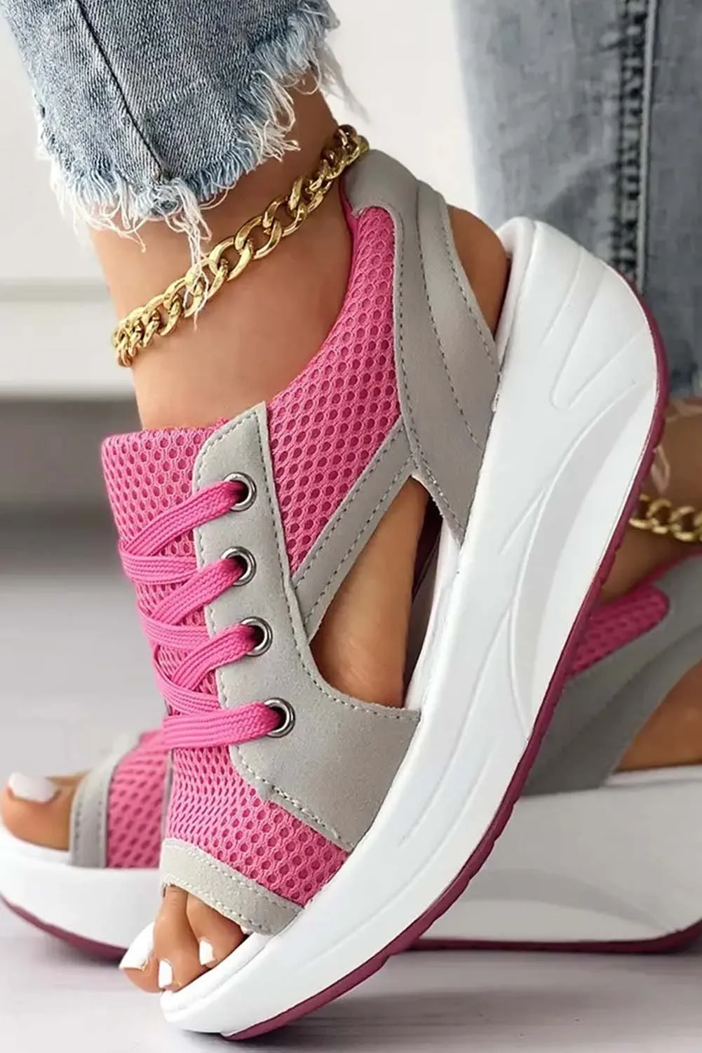 Mesh Lace-Up Peep Toe Wedged Sandals