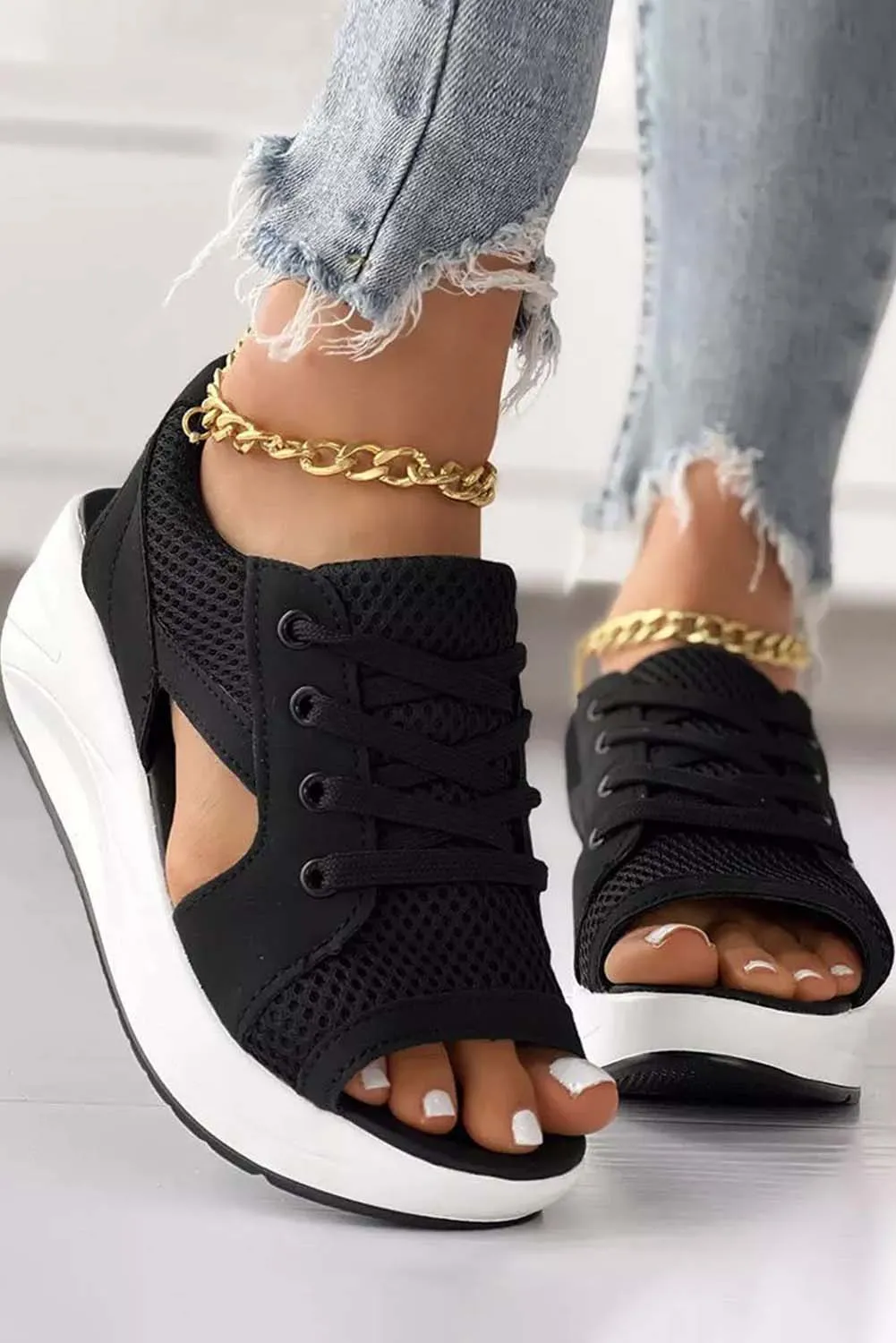 Mesh Lace-Up Peep Toe Wedged Sandals
