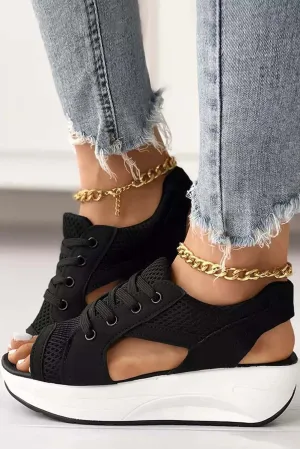 Mesh Lace-Up Peep Toe Wedged Sandals
