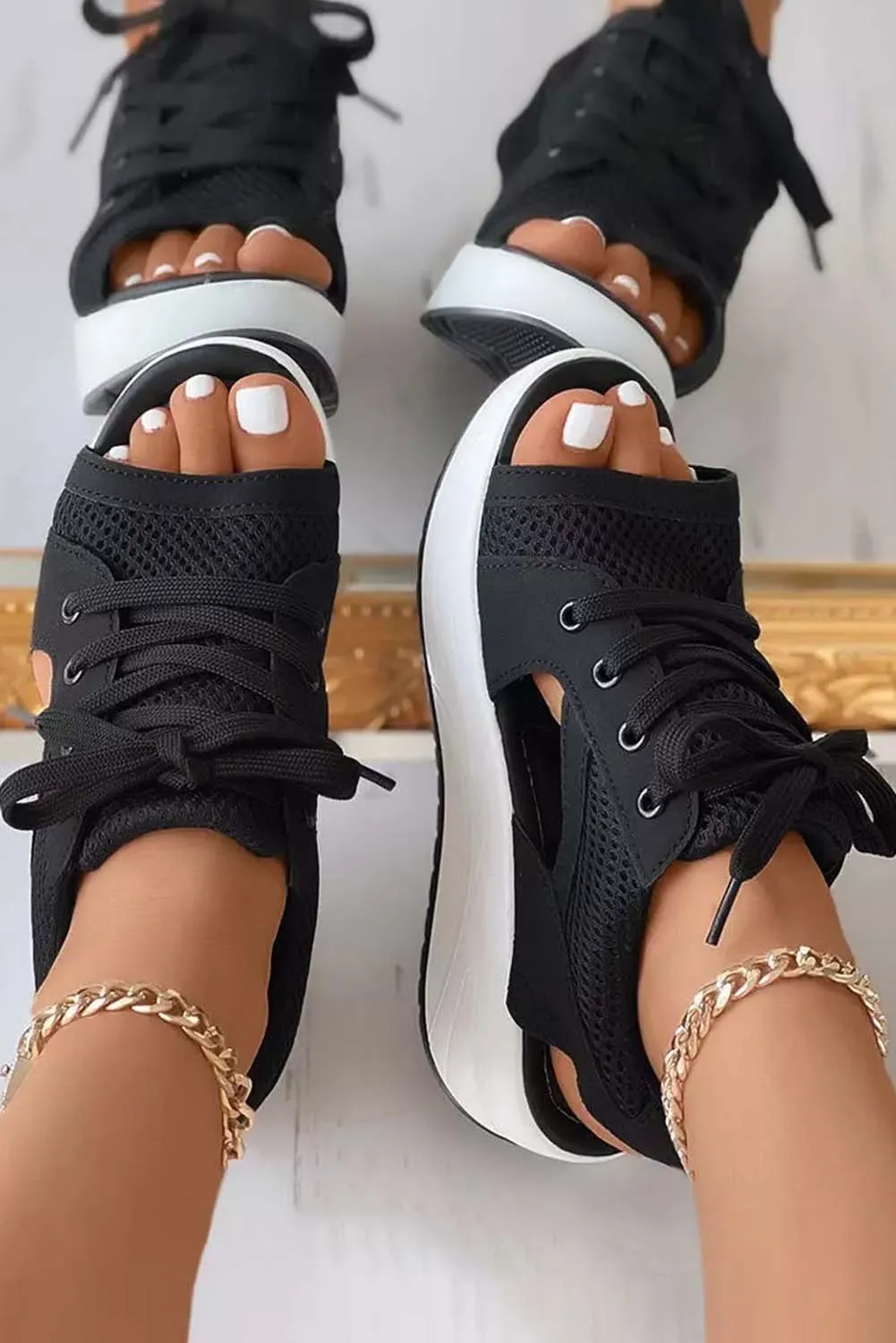 Mesh Lace-Up Peep Toe Wedged Sandals