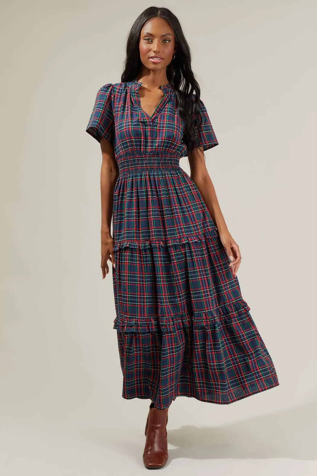 Miley Plaid Palmer Poplin Tiered Maxi Dress: Navy Multi