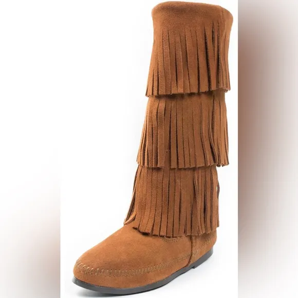 MINNETONKA Suede Triple Fringe Traditional Pull-On Women's Brown Moccasins 8