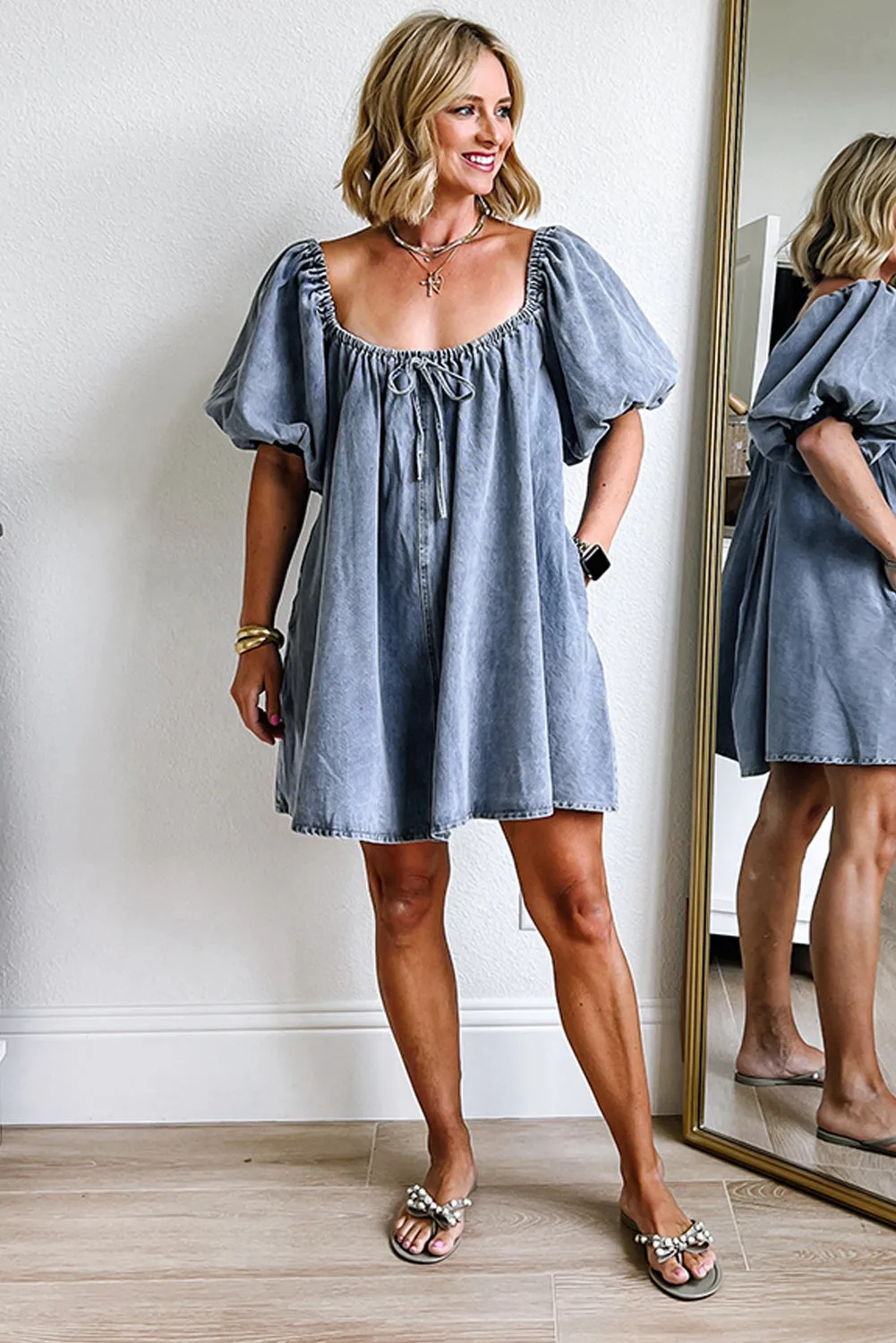 Myosotis Bubble Sleeve Denim Babydoll Dress