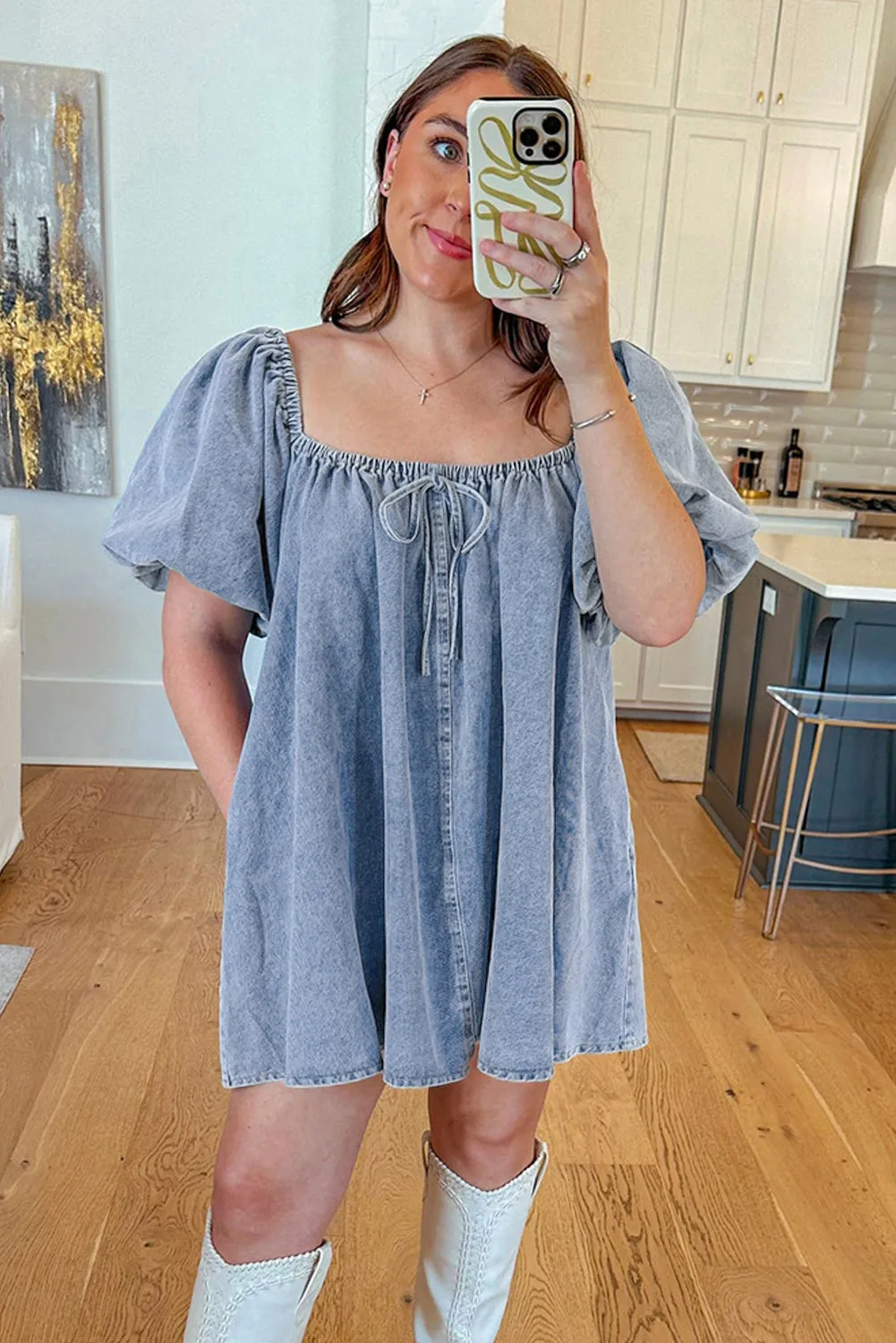 Myosotis Bubble Sleeve Denim Babydoll Dress