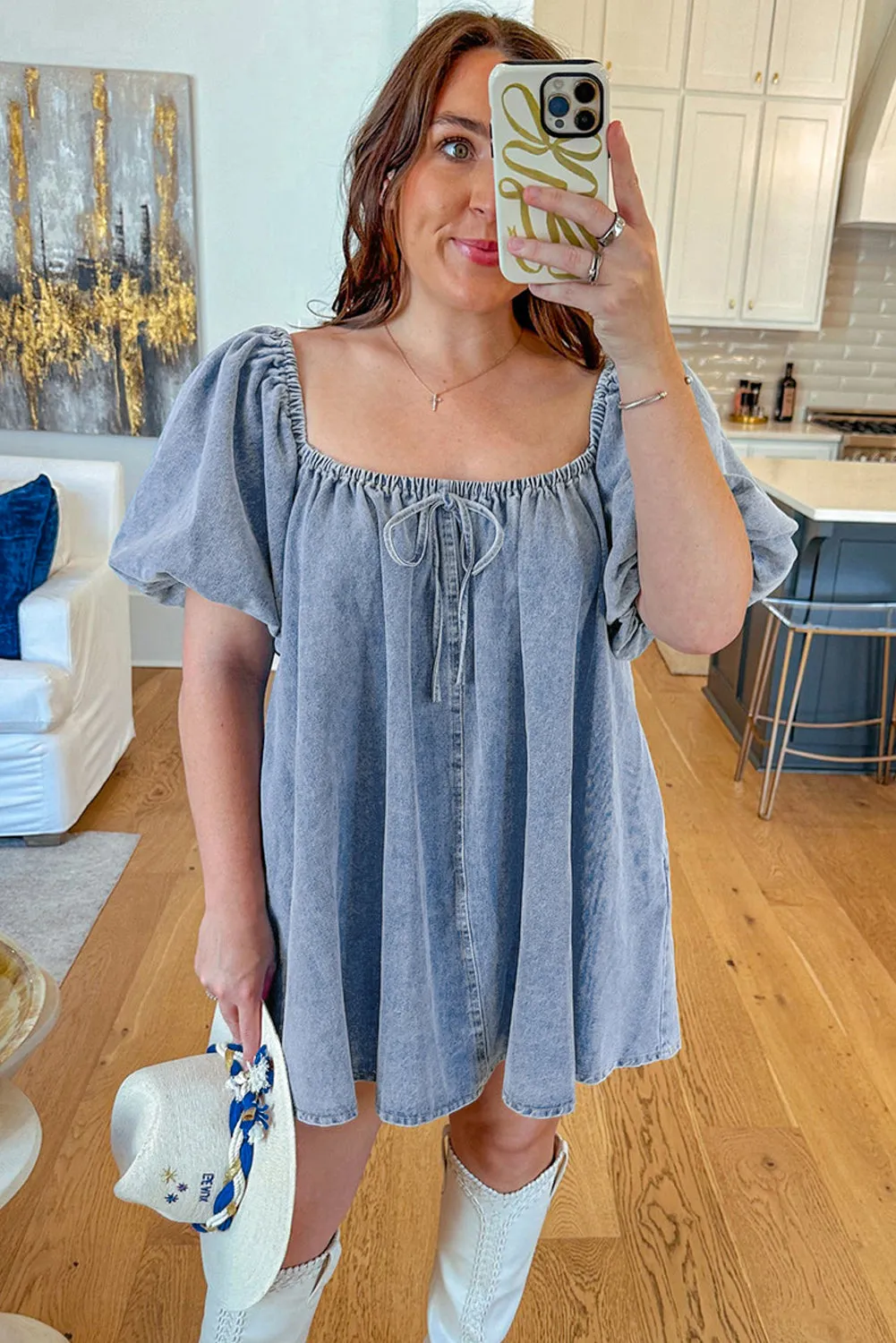 Myosotis Bubble Sleeve Denim Babydoll Dress