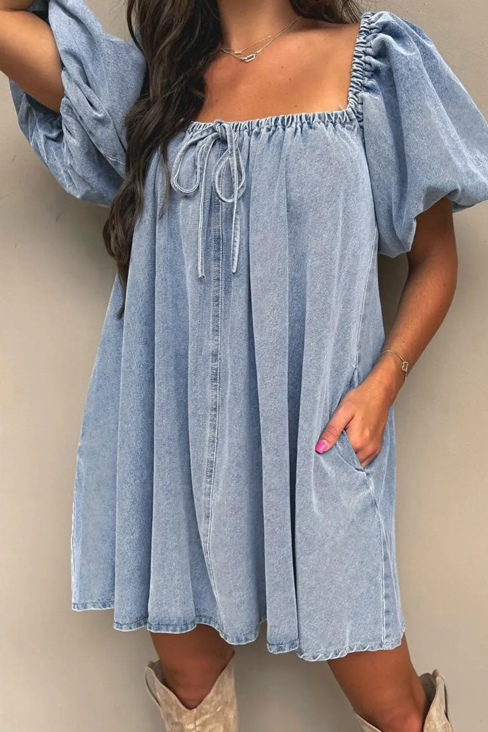 Myosotis Bubble Sleeve Denim Babydoll Dress