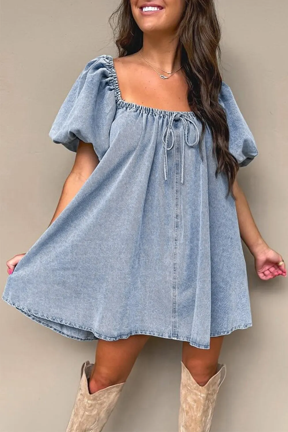 Myosotis Bubble Sleeve Denim Babydoll Dress
