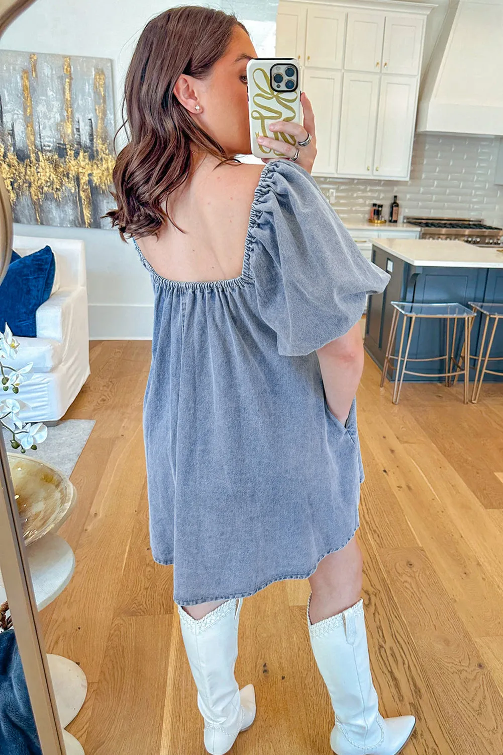 Myosotis Bubble Sleeve Denim Babydoll Dress